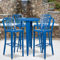 Flash Furniture CH-51080BH-4-30VRT-BL-GG 24" Round Metal Bar Table Set with 4 Vertical Slat Back Barstools in Blue